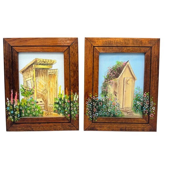 Original F. White Oil Paintings of Rustic Outhouses In Wooden Frames 7.5